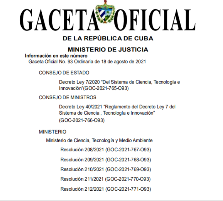 Decreto Ley 7/2020 “Del Sistema de Ciencia, Tecnología e Innovación”(GOC-2021-765-O93)